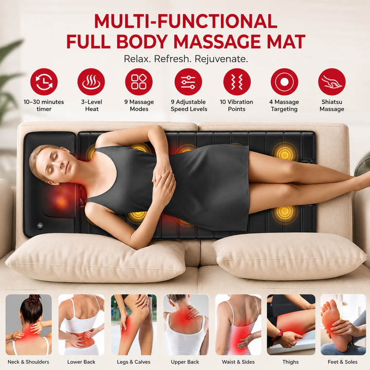 Premium Full Body Massage Mat with Heat Shiatsu Electric Massage Pad Vibration Back Neck Leg Foot Relaxation Mat Home Use Adjustable Intensity Timer