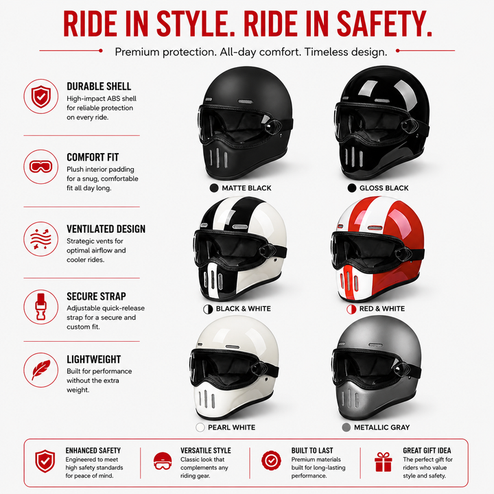 Premium Full Face Motorcycle Helmet Retro Tokyo TT Fiberglass Racing Helmet Clear Visor Lightweight Safety Casco Moto Unisex Riding Helmet Gear