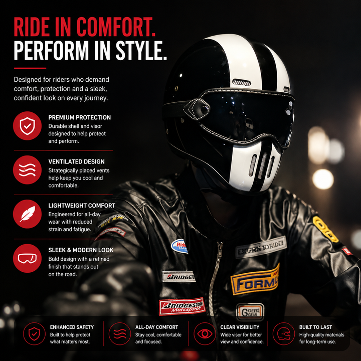 Premium Full Face Motorcycle Helmet Retro Tokyo TT Fiberglass Racing Helmet Clear Visor Lightweight Safety Casco Moto Unisex Riding Helmet Gear