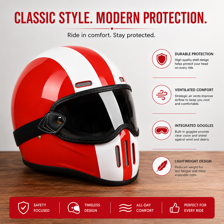 Premium Full Face Motorcycle Helmet Retro Tokyo TT Fiberglass Racing Helmet Clear Visor Lightweight Safety Casco Moto Unisex Riding Helmet Gear