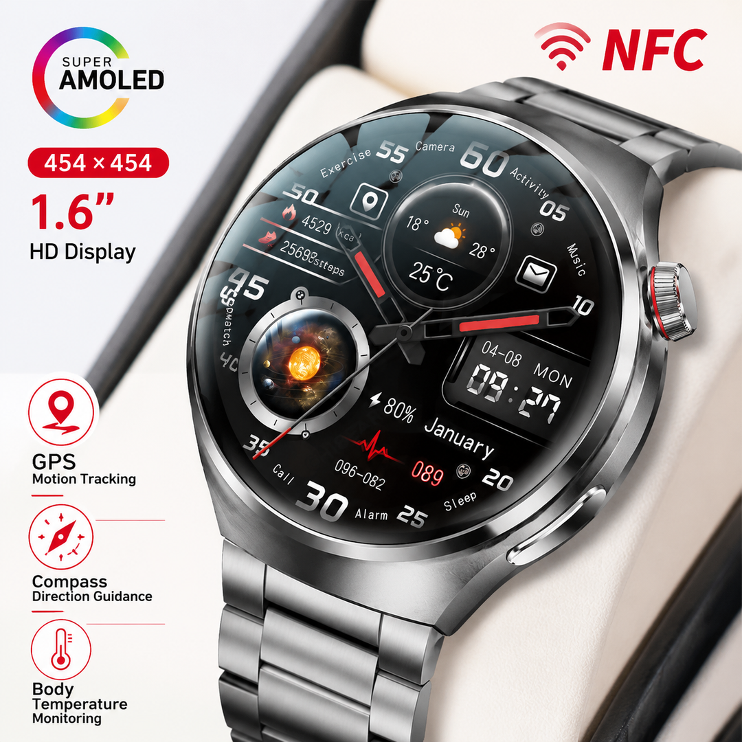Premium GPS Smart Watch 1.53" AMOLED 360° Display Bluetooth Calling NFC IP68 Waterproof Fitness Tracker Heart Rate Sleep Monitor Multi Sport Modes GloryFit App