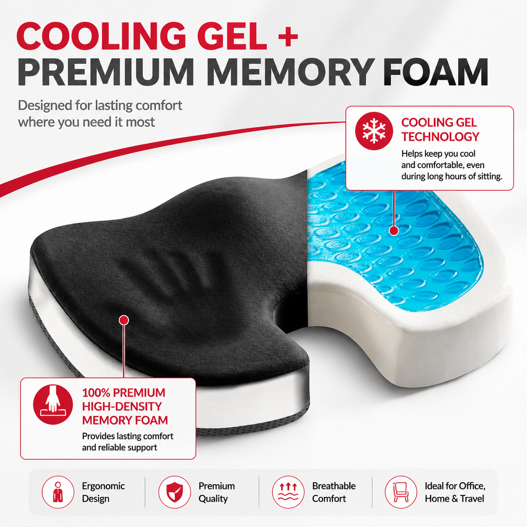 Premium Gel Memory Foam Seat Cushion Ergonomic Chair Pad Non Slip Support Cushion Breathable Washable Office Car Home Long Sitting Comfort Seat Pad