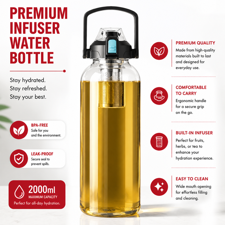Premium Glass Tea Cup Large Capacity 800ml 1000ml 1500ml 2000ml Heat Resistant Bottle with Lid Straw Leak Proof Portable for Travel Sports Daily Use
