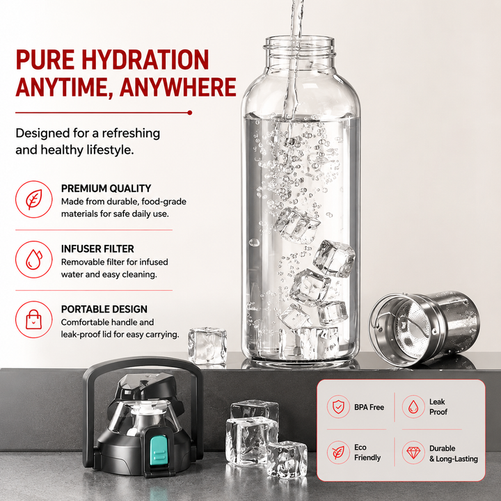 Premium Glass Tea Cup Large Capacity 800ml 1000ml 1500ml 2000ml Heat Resistant Bottle with Lid Straw Leak Proof Portable for Travel Sports Daily Use