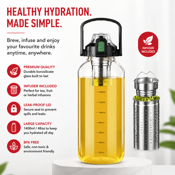 Premium Glass Tea Cup Large Capacity 800ml 1000ml 1500ml 2000ml Heat Resistant Bottle with Lid Straw Leak Proof Portable for Travel Sports Daily Use