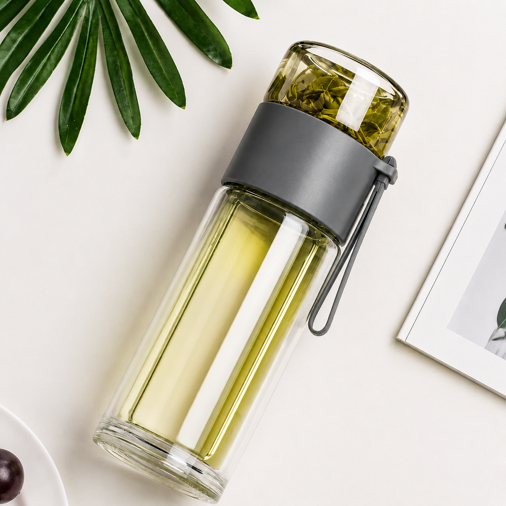 Premium Glass Tea Infuser Bottle Double Wall Borosilicate 13.5oz Stainless Steel Filter Leak Resistant Travel Tumbler for Loose Leaf Tea Fruit Infusion Cup