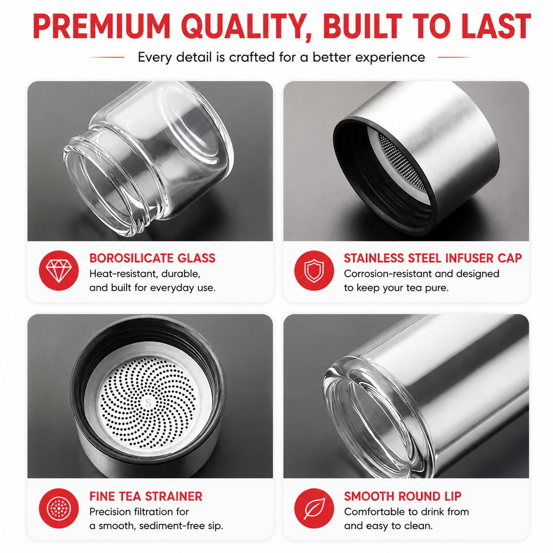 Premium Glass Tea Infuser Bottle Double Wall Borosilicate Travel Tumbler with Stainless Steel Filter Leakproof Lid Hot Cold Loose Leaf Tea Coffee Bottle