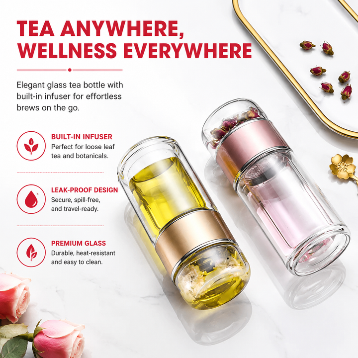 Premium Glass Tea Infuser Bottle Double Wall Borosilicate Travel Tumbler with Stainless Steel Filter Leakproof Lid Hot Cold Loose Leaf Tea Coffee Bottle