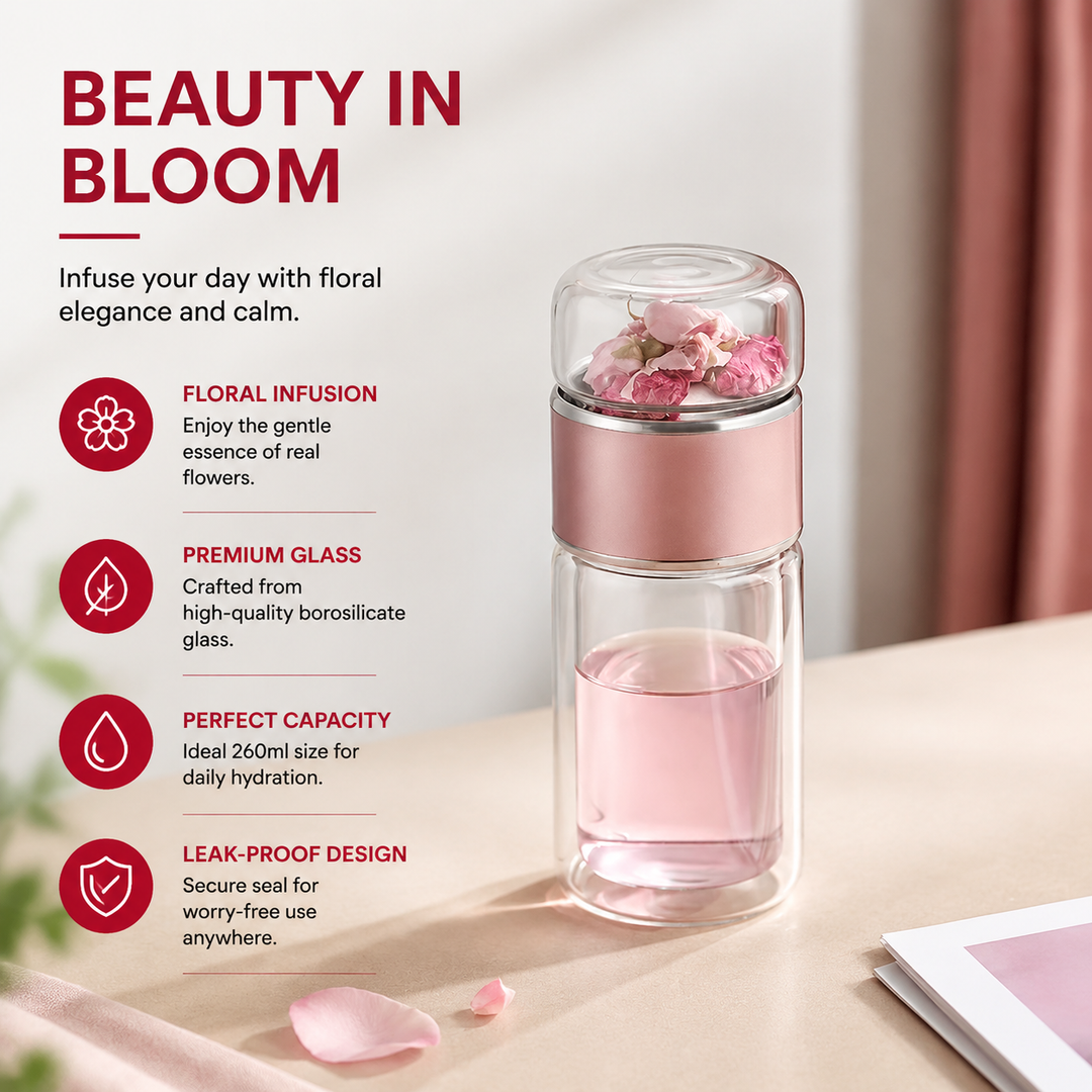 Premium Glass Tea Infuser Bottle Double Wall Borosilicate Travel Tumbler with Stainless Steel Filter Leakproof Lid Hot Cold Loose Leaf Tea Coffee Bottle