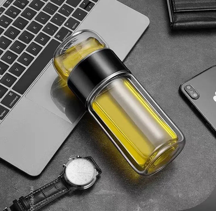 Premium Glass Tea Infuser Bottle Double Wall Borosilicate Travel Tumbler with Stainless Steel Filter Leakproof Lid Hot Cold Loose Leaf Tea Coffee Bottle