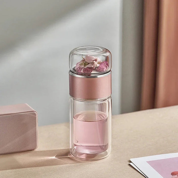 Premium Glass Tea Infuser Bottle Double Wall Borosilicate Travel Tumbler with Stainless Steel Filter Leakproof Lid Hot Cold Loose Leaf Tea Coffee Bottle