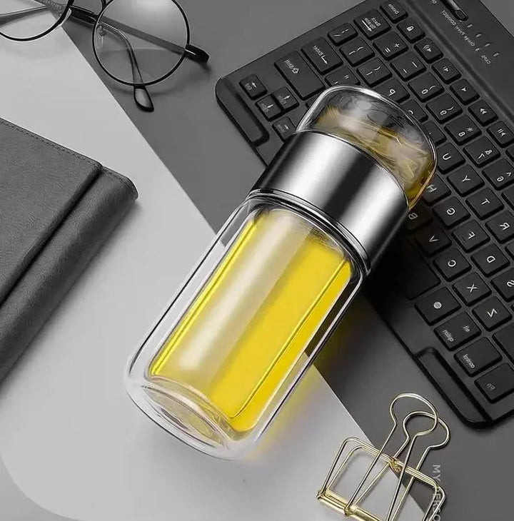 Premium Glass Tea Infuser Bottle Double Wall Borosilicate Travel Tumbler with Stainless Steel Filter Leakproof Lid Hot Cold Loose Leaf Tea Coffee Bottle