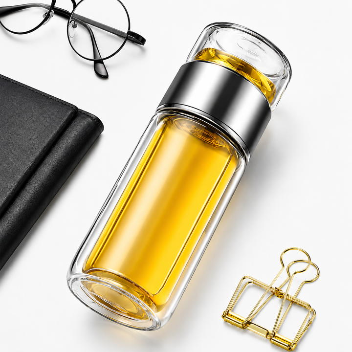 Premium Glass Tea Infuser Bottle Double Wall Borosilicate Travel Tumbler with Stainless Steel Filter Leakproof Lid Hot Cold Loose Leaf Tea Coffee Bottle
