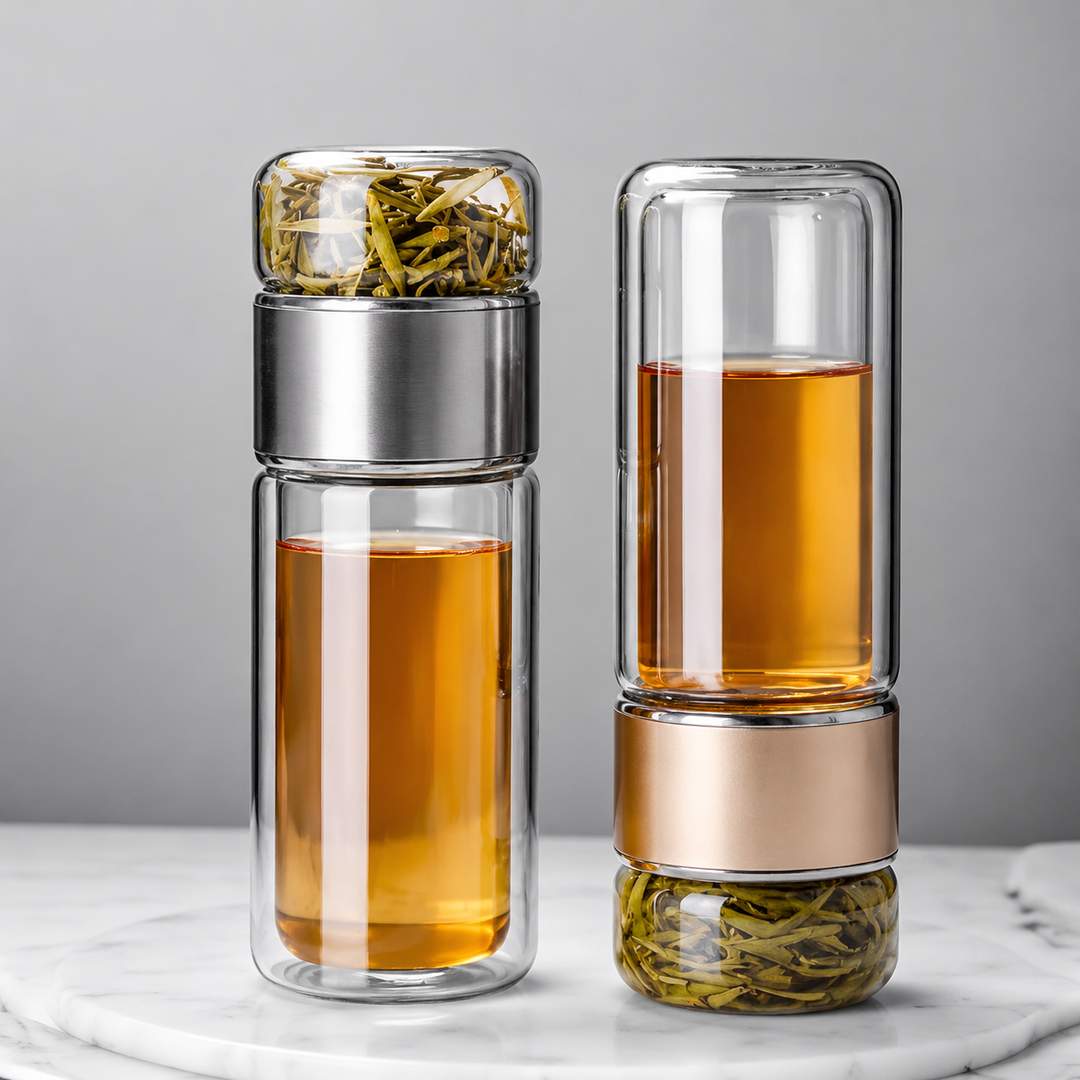 Premium Glass Tea Infuser Bottle Double Wall Borosilicate Travel Tumbler with Stainless Steel Filter Leakproof Lid Hot Cold Loose Leaf Tea Coffee Bottle