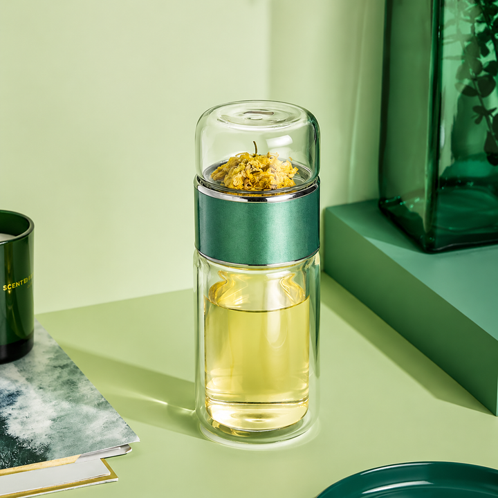 Premium Glass Tea Infuser Bottle Double Wall Borosilicate Travel Tumbler with Stainless Steel Filter Leakproof Lid Hot Cold Loose Leaf Tea Coffee Bottle