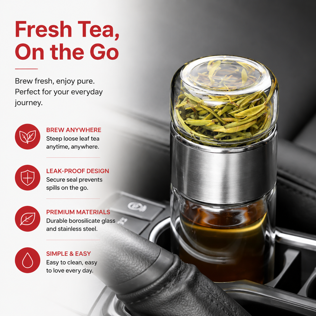 Premium Glass Tea Infuser Bottle Double Wall Borosilicate Travel Tumbler with Stainless Steel Filter Leakproof Lid Hot Cold Loose Leaf Tea Coffee Bottle
