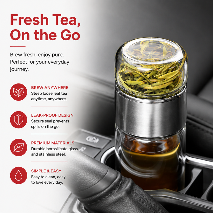 Premium Glass Tea Infuser Bottle Double Wall Borosilicate Travel Tumbler with Stainless Steel Filter Leakproof Lid Hot Cold Loose Leaf Tea Coffee Bottle