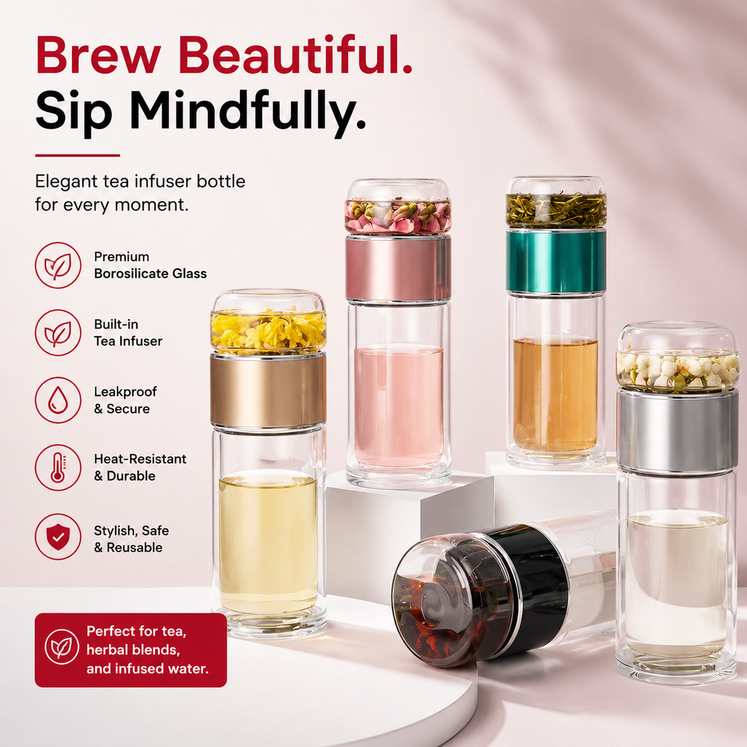 Premium Glass Tea Infuser Bottle Double Wall Borosilicate Travel Tumbler with Stainless Steel Filter Leakproof Lid Hot Cold Loose Leaf Tea Coffee Bottle