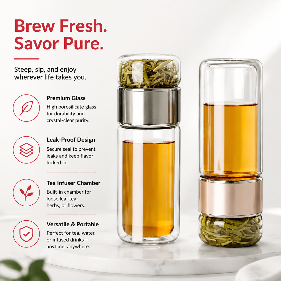 Premium Glass Tea Infuser Bottle Double Wall Borosilicate Travel Tumbler with Stainless Steel Filter Leakproof Lid Hot Cold Loose Leaf Tea Coffee Bottle