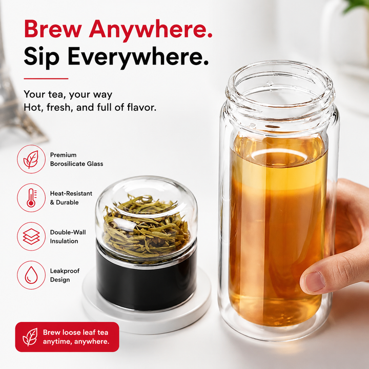 Premium Glass Tea Infuser Bottle Double Wall Borosilicate Travel Tumbler with Stainless Steel Filter Leakproof Lid Hot Cold Loose Leaf Tea Coffee Bottle