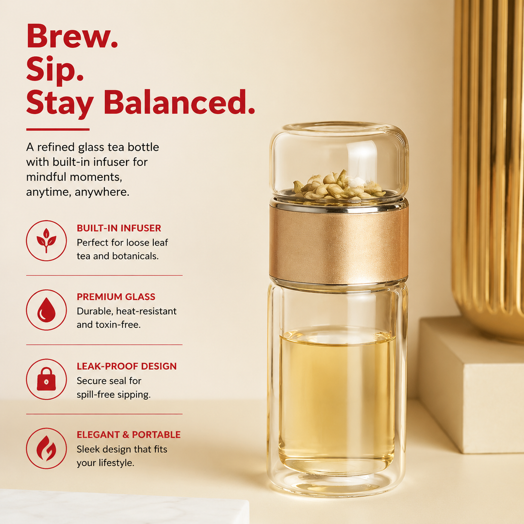 Premium Glass Tea Infuser Bottle Double Wall Borosilicate Travel Tumbler with Stainless Steel Filter Leakproof Lid Hot Cold Loose Leaf Tea Coffee Bottle