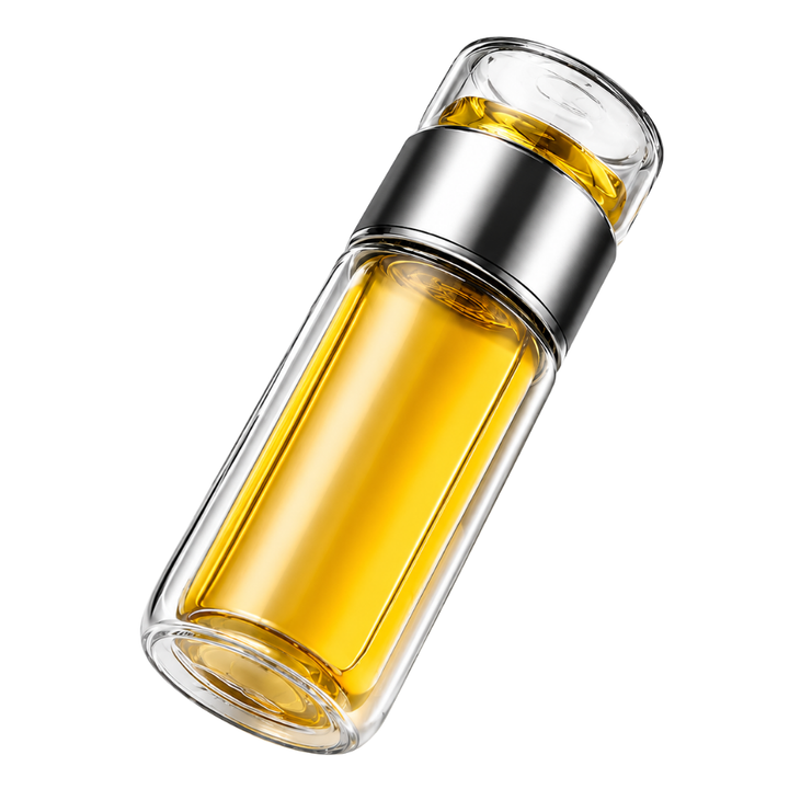 Premium Glass Tea Infuser Bottle Double Wall Borosilicate Travel Tumbler with Stainless Steel Filter Leakproof Lid Hot Cold Loose Leaf Tea Coffee Bottle