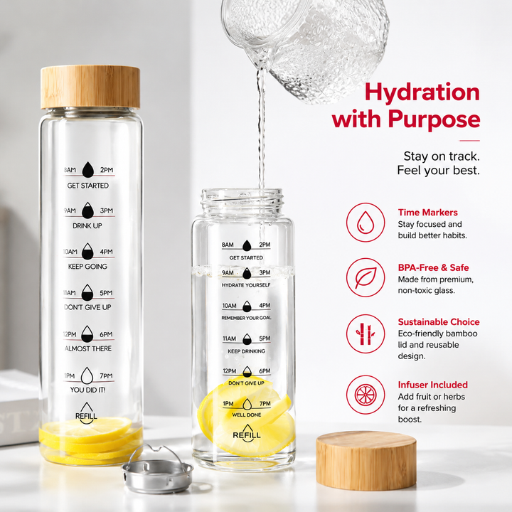 Premium Glass Water Bottle with Time Markings, Borosilicate Glass, Leakproof Bamboo Lid, BPA-Free Reusable Hydration Bottle, Eco-Friendly 24oz/32oz