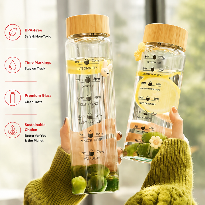 Premium Glass Water Bottle with Time Markings, Borosilicate Glass, Leakproof Bamboo Lid, BPA-Free Reusable Hydration Bottle, Eco-Friendly 24oz/32oz