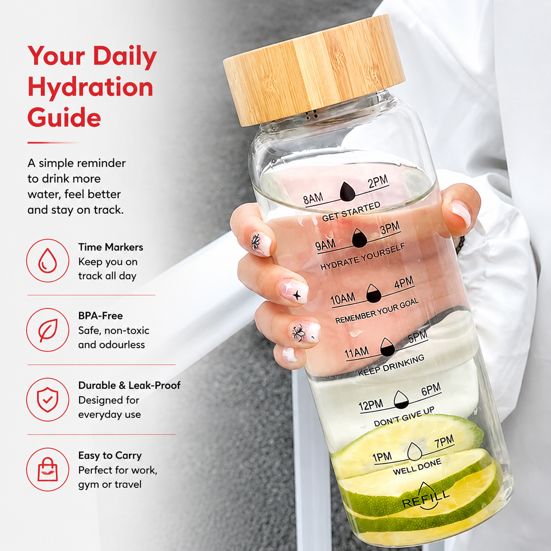 Premium Glass Water Bottle with Time Markings, Borosilicate Glass, Leakproof Bamboo Lid, BPA-Free Reusable Hydration Bottle, Eco-Friendly 24oz/32oz
