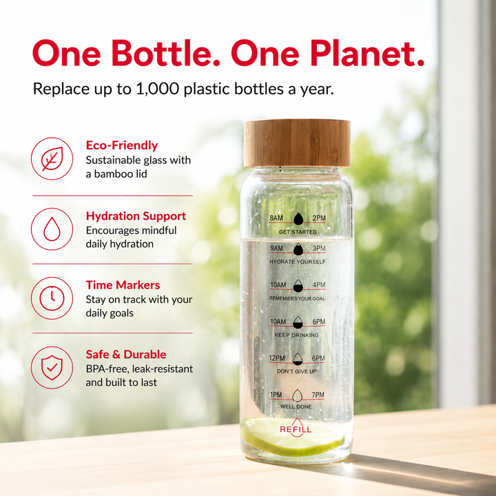 Premium Glass Water Bottle with Time Markings, Borosilicate Glass, Leakproof Bamboo Lid, BPA-Free Reusable Hydration Bottle, Eco-Friendly 24oz/32oz
