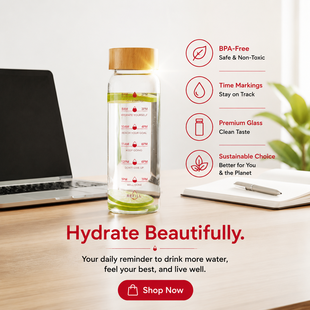 Premium Glass Water Bottle with Time Markings, Borosilicate Glass, Leakproof Bamboo Lid, BPA-Free Reusable Hydration Bottle, Eco-Friendly 24oz/32oz