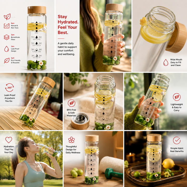 Premium Glass Water Bottle with Time Markings, Borosilicate Glass, Leakproof Bamboo Lid, BPA-Free Reusable Hydration Bottle, Eco-Friendly 24oz/32oz