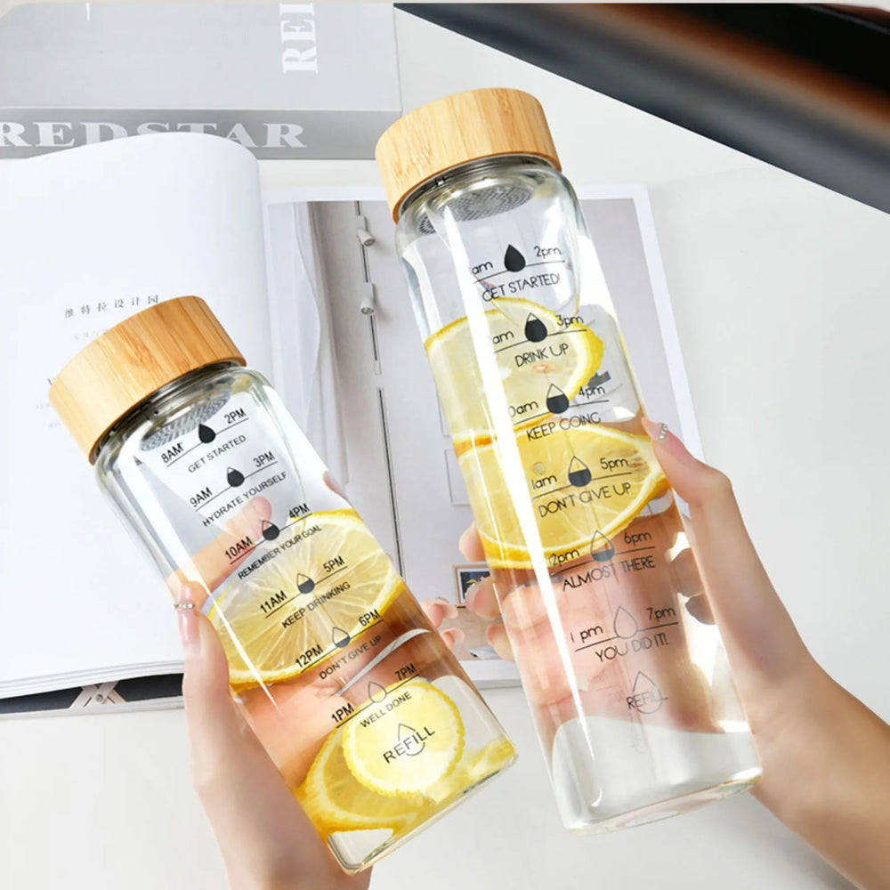 Premium Glass Water Bottle with Time Markings, Borosilicate Glass, Leakproof Bamboo Lid, BPA-Free Reusable Hydration Bottle, Eco-Friendly 24oz/32oz