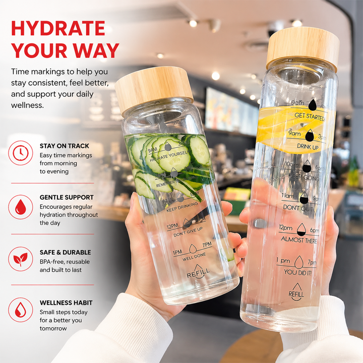 Premium Glass Water Bottle with Time Markings, Borosilicate Glass, Leakproof Bamboo Lid, BPA-Free Reusable Hydration Bottle, Eco-Friendly 24oz/32oz