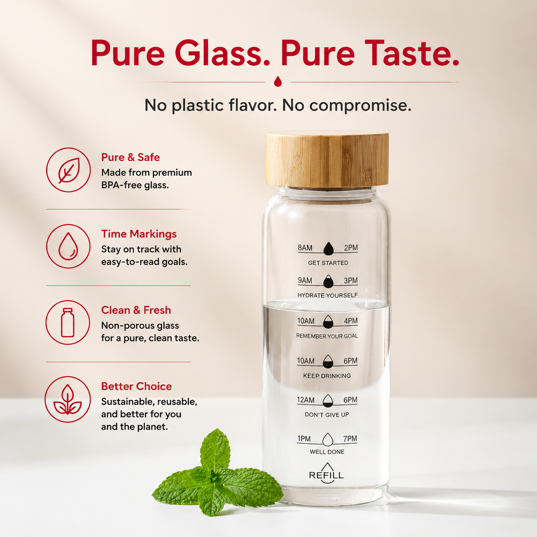 Premium Glass Water Bottle with Time Markings, Borosilicate Glass, Leakproof Bamboo Lid, BPA-Free Reusable Hydration Bottle, Eco-Friendly 24oz/32oz