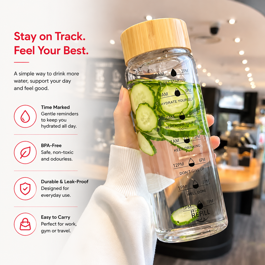 Premium Glass Water Bottle with Time Markings, Borosilicate Glass, Leakproof Bamboo Lid, BPA-Free Reusable Hydration Bottle, Eco-Friendly 24oz/32oz