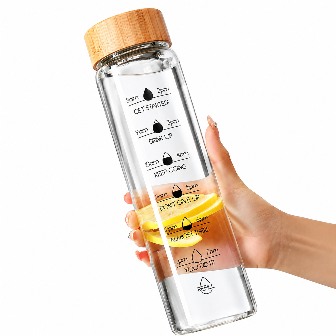 Premium Glass Water Bottle with Time Markings, Borosilicate Glass, Leakproof Bamboo Lid, BPA-Free Reusable Hydration Bottle, Eco-Friendly 24oz/32oz