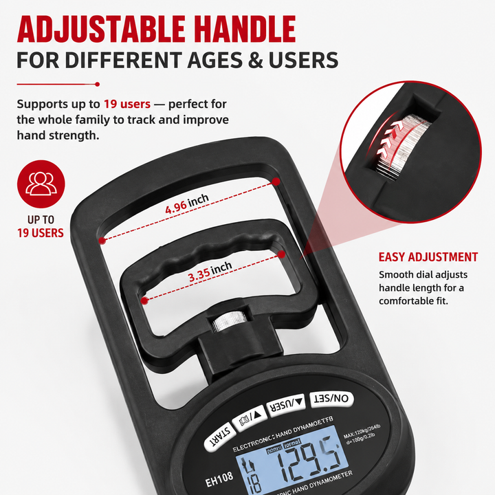 Premium Grip Strength Tester Digital Hand Dynamometer 120kg 265lbs LCD USB Rechargeable Adjustable Handle Power Meter Sports Training Home Gym Performance Tracker