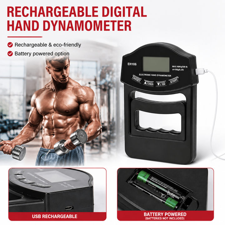 Premium Grip Strength Tester Digital Hand Dynamometer 120kg 265lbs LCD USB Rechargeable Adjustable Handle Power Meter Sports Training Home Gym Performance Tracker