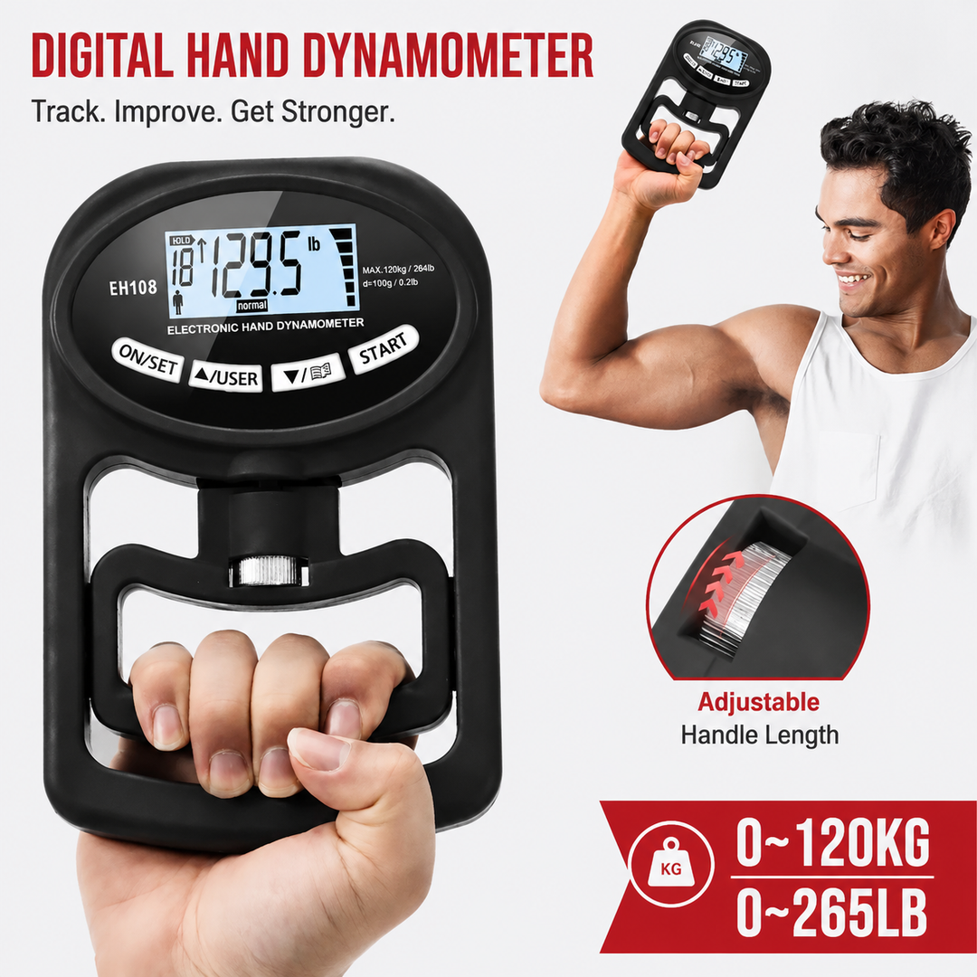 Premium Grip Strength Tester Digital Hand Dynamometer 120kg 265lbs LCD USB Rechargeable Adjustable Handle Power Meter Sports Training Home Gym Performance Tracker