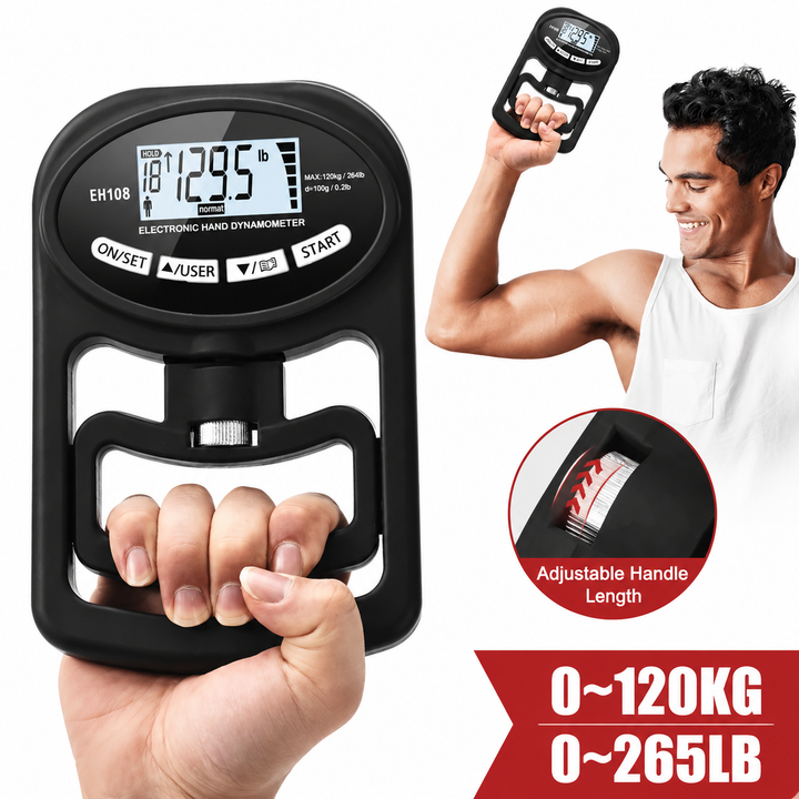 Premium Grip Strength Tester Digital Hand Dynamometer 120kg 265lbs LCD USB Rechargeable Adjustable Handle Power Meter Sports Training Home Gym Performance Tracker