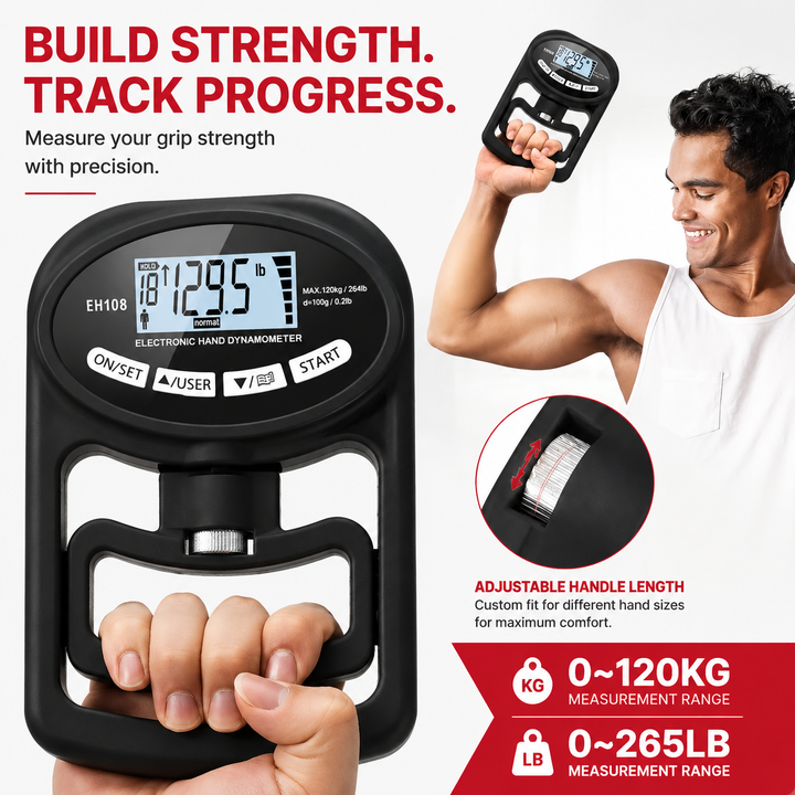 Premium Grip Strength Tester Digital Hand Dynamometer 265Lbs 120Kg LCD Screen USB Rechargeable Hand Power Meter Fitness Strength Training Device