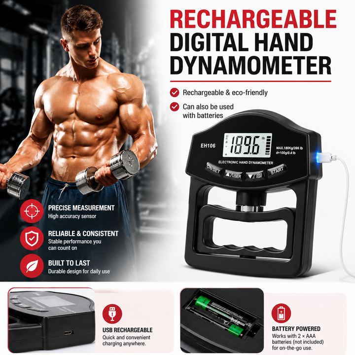 Premium Grip Strength Tester Digital Hand Dynamometer 265Lbs 120Kg LCD Screen USB Rechargeable Hand Power Meter Fitness Strength Training Device