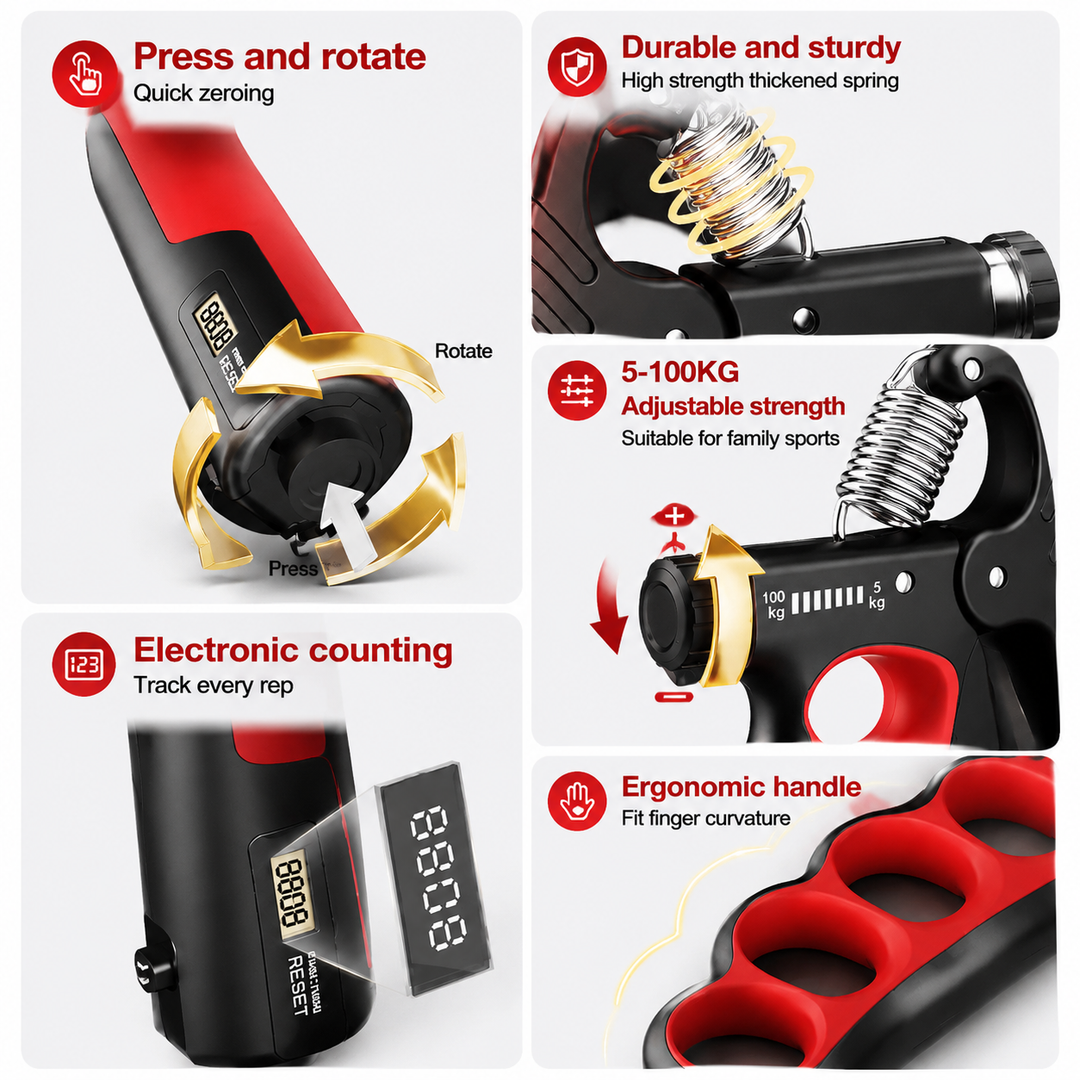 Premium Hand Grip Strengthener Adjustable 5 to 100kg Steel Spring Gripper with Counter Non Slip Handle Wrist Forearm Trainer Portable Gym Home Fitness Device