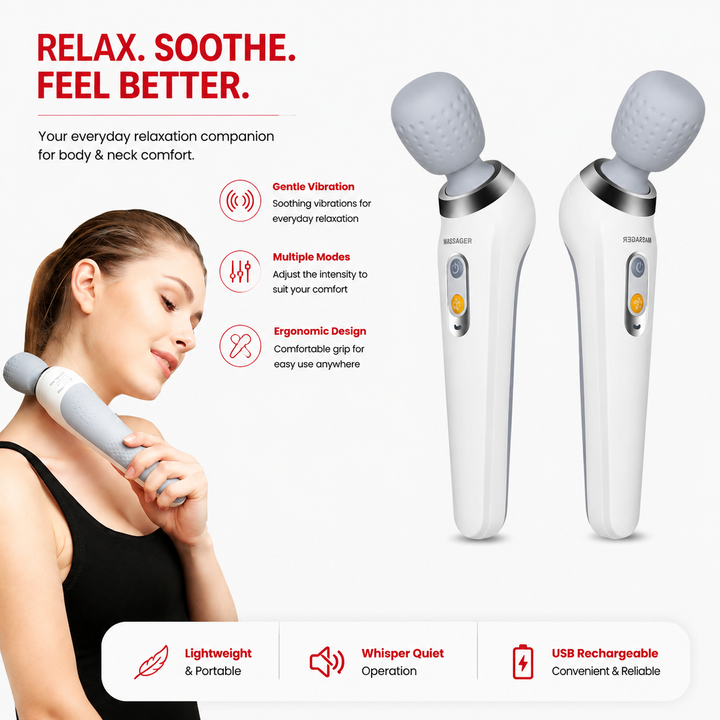 Premium Handheld Electric Massager Vibration Wand USB Rechargeable Cordless 5 Modes Muscle Massager Neck Back Shoulder Relief Home Travel Use