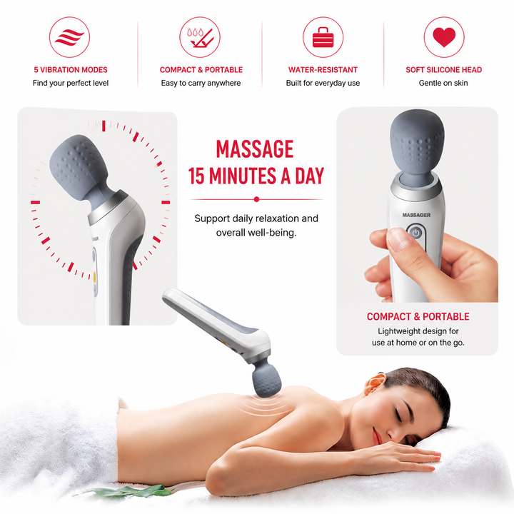Premium Handheld Electric Massager Vibration Wand USB Rechargeable Cordless 5 Modes Muscle Massager Neck Back Shoulder Relief Home Travel Use