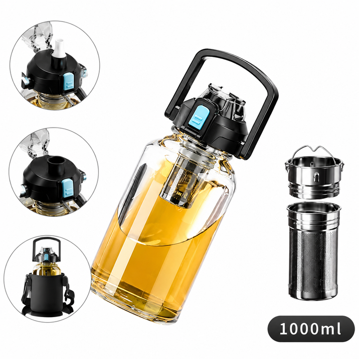 Premium Heat Resistant Glass Tea Cup Large Capacity 800–2000ml Transparent Portable Water Bottle with Lid Straw Leak Resistant Sports Travel Coffee Mug