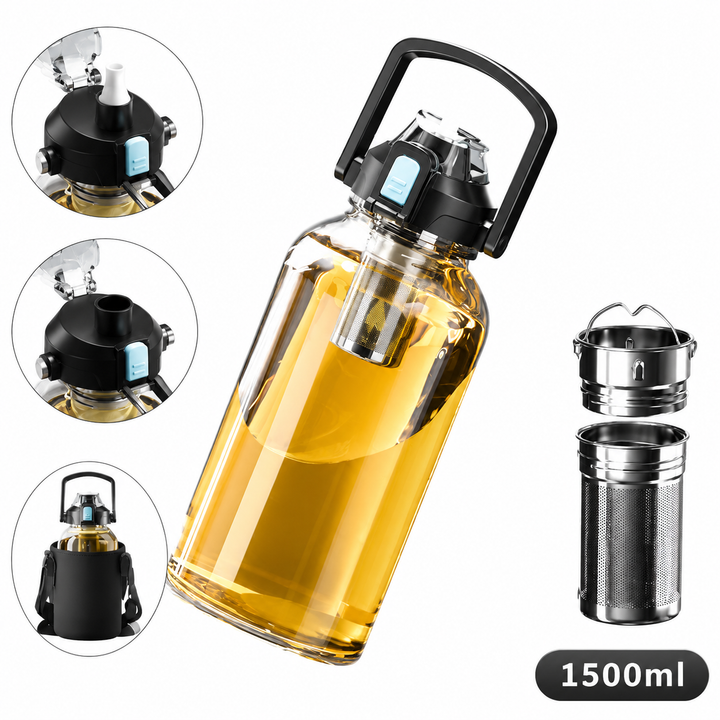 Premium Heat Resistant Glass Tea Cup Large Capacity 800–2000ml Transparent Portable Water Bottle with Lid Straw Leak Resistant Sports Travel Coffee Mug