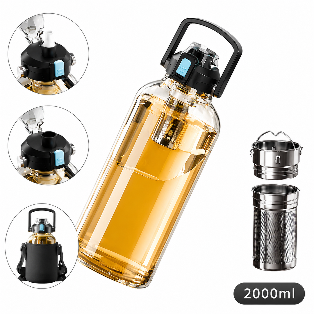 Premium Heat Resistant Glass Tea Cup Large Capacity 800–2000ml Transparent Portable Water Bottle with Lid Straw Leak Resistant Sports Travel Coffee Mug