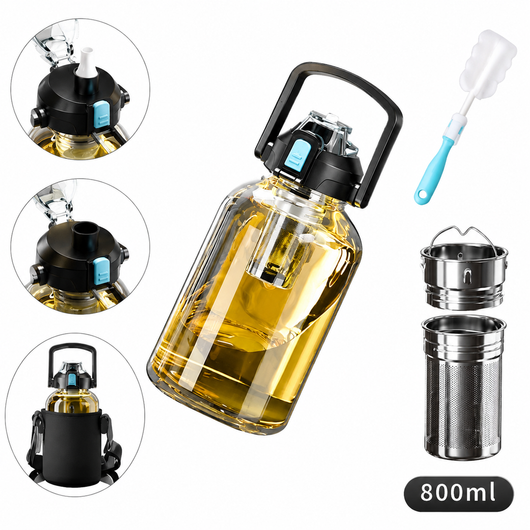 Premium Heat Resistant Glass Tea Cup Large Capacity 800–2000ml Transparent Portable Water Bottle with Lid Straw Leak Resistant Sports Travel Coffee Mug